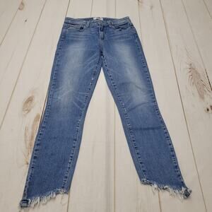 Paige Hoxton crop jeans ankle angle asymmetrical hem mid rise